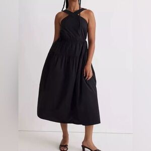 Madewell Size 0 Black Poplin Halter Tiered Lagenlook Flowy‎ Midi Boho Dress